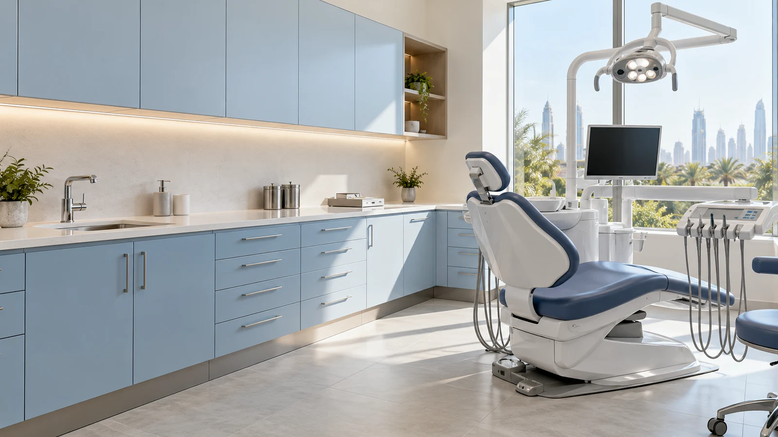 Illustrative dental operatory with fitted pale blue cabinets, a continuous worktop, integrated sink and a modern dental chair