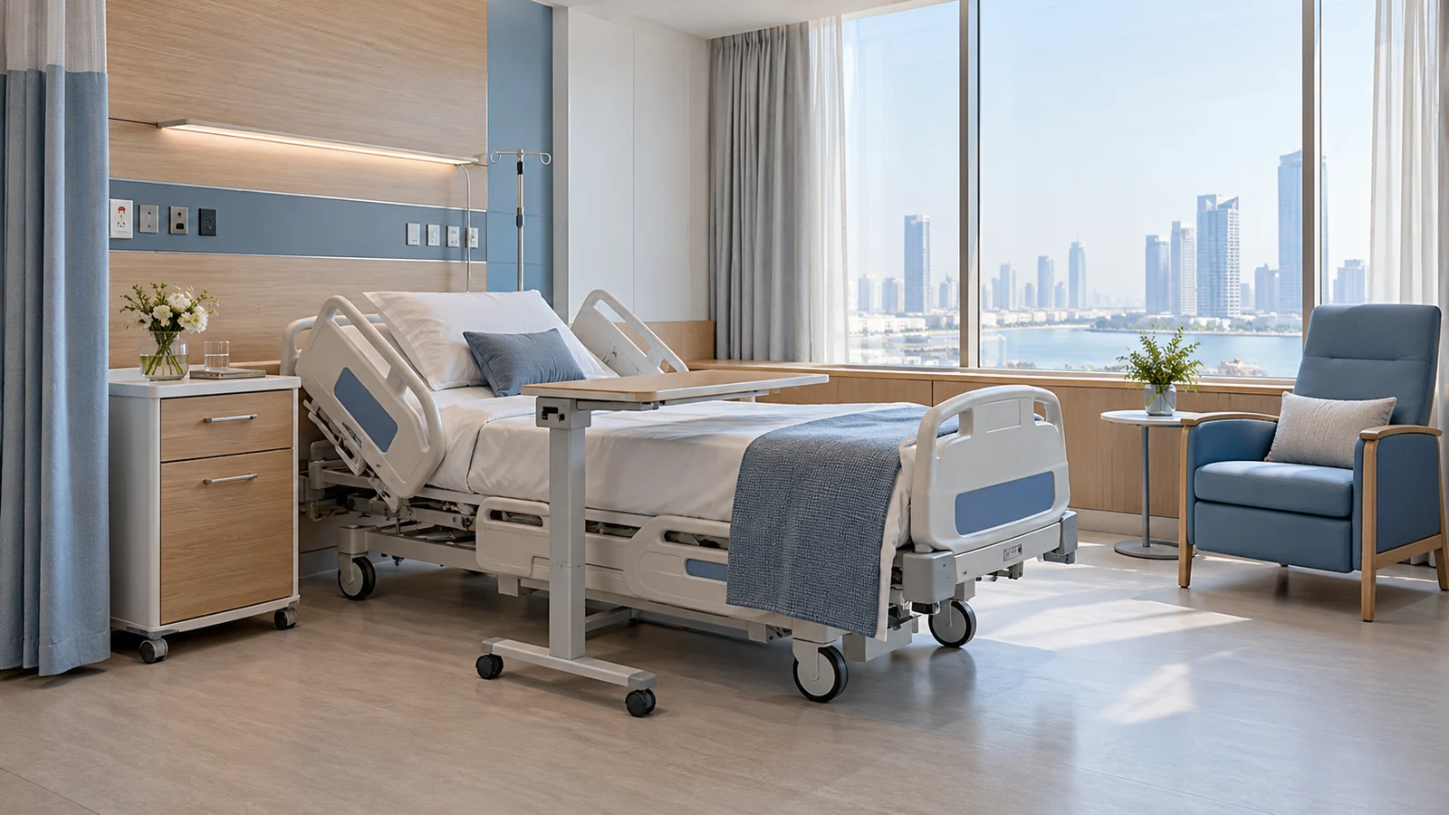 Illustrative patient room with an adjustable bed, bedside cabinet, overbed table and visitor chair in soft blue and natural finishes