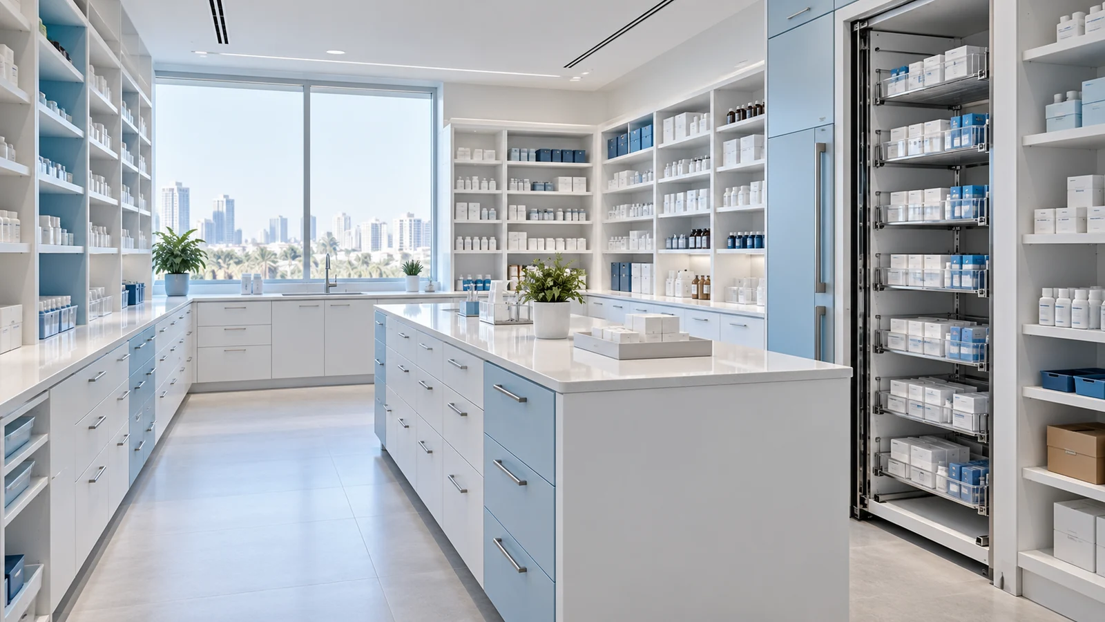Illustrative pharmacy storage room with perimeter shelving, a central drawer island and a pull-out tray column with clear dividers