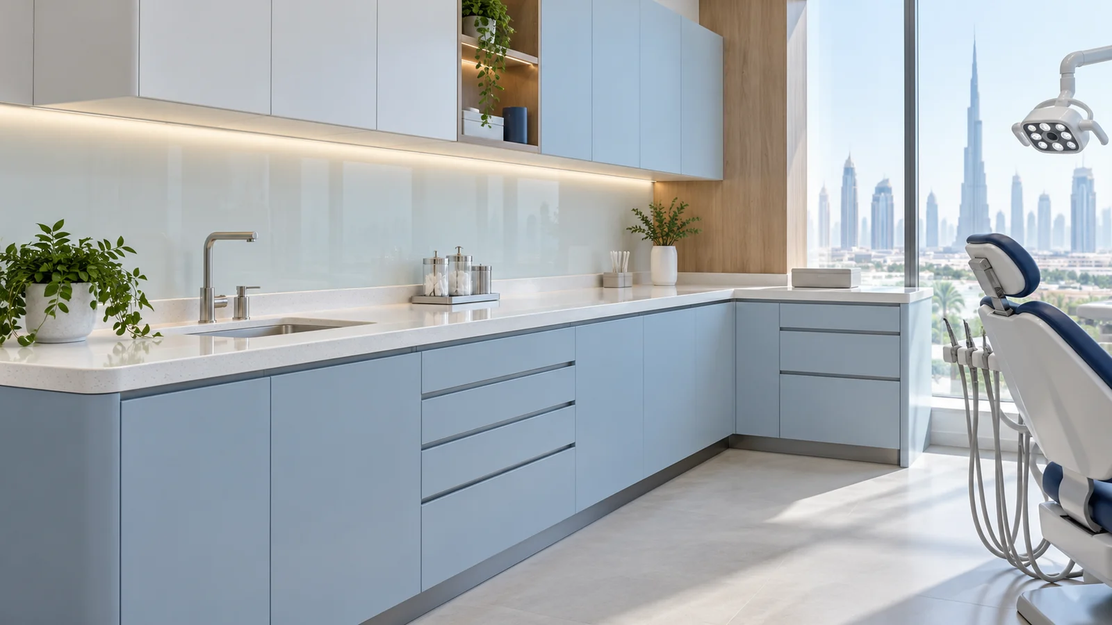 Pale blue dental cabinetry with integrated sink, white worktops and a dental chair in a bright Dubai-style clinic